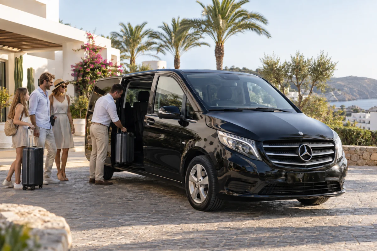 Mercedes Vito with passengers for a beach transfer in Ibiza